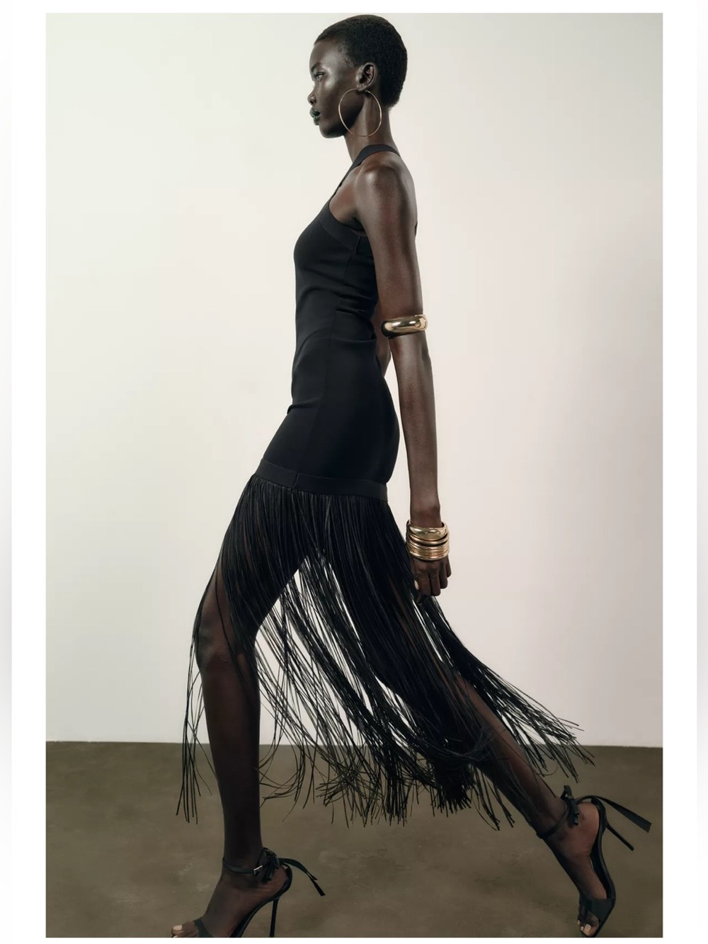 Zara Black Cross-Neck Fringe Evening Dress - Picture 6 of 12